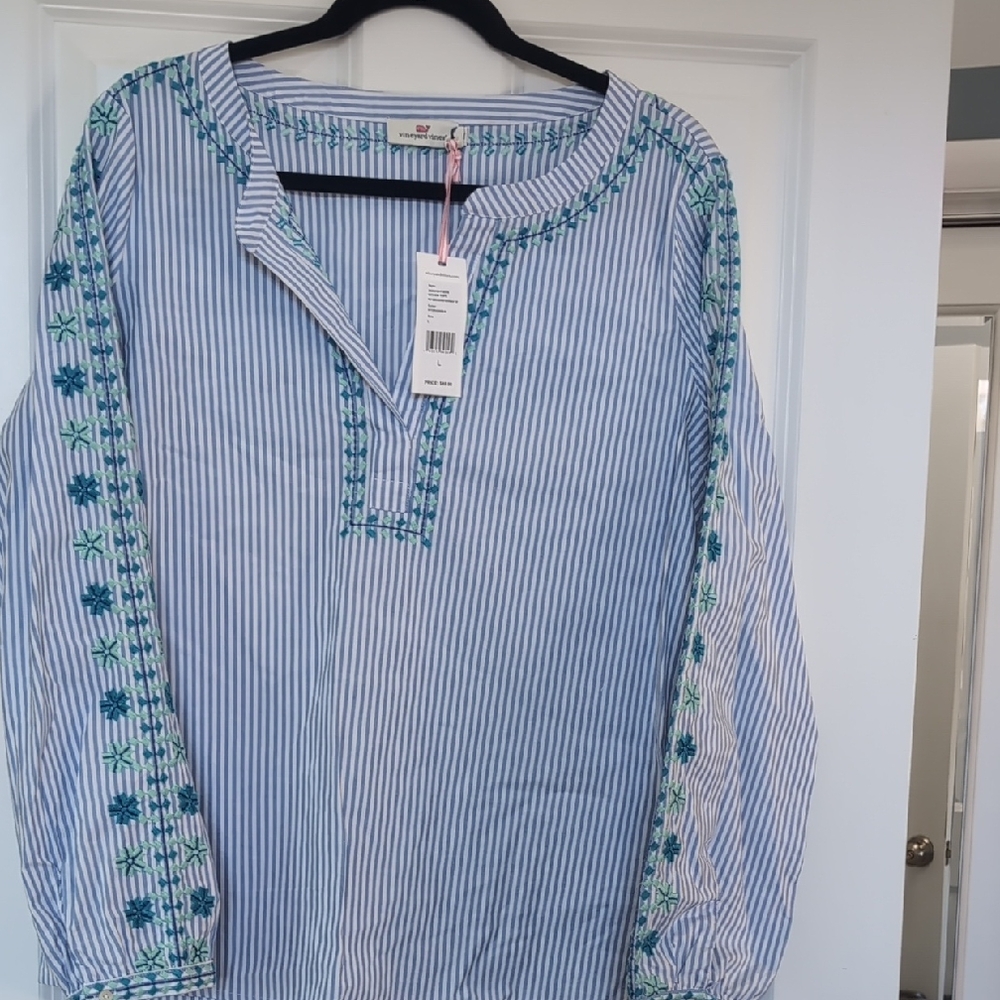 Vineyard Vines Blue and White Striped Top with Green Embroidery